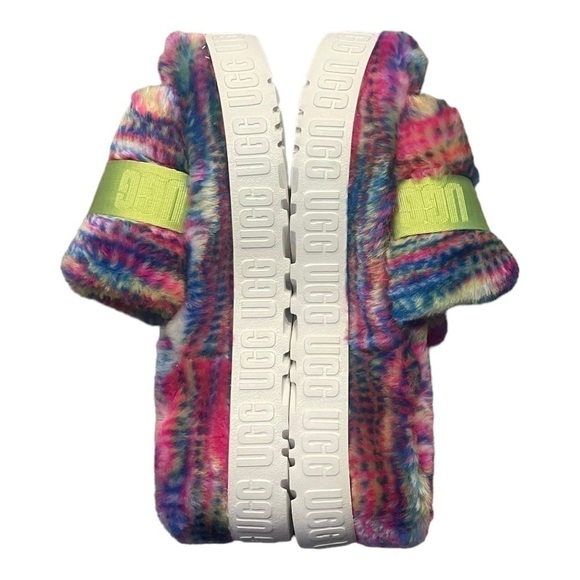 UGG "Pixelate Print" Rainbow Colored/Multicolored Plush Fuzzy Slipper Slides - Picture 6 of 11